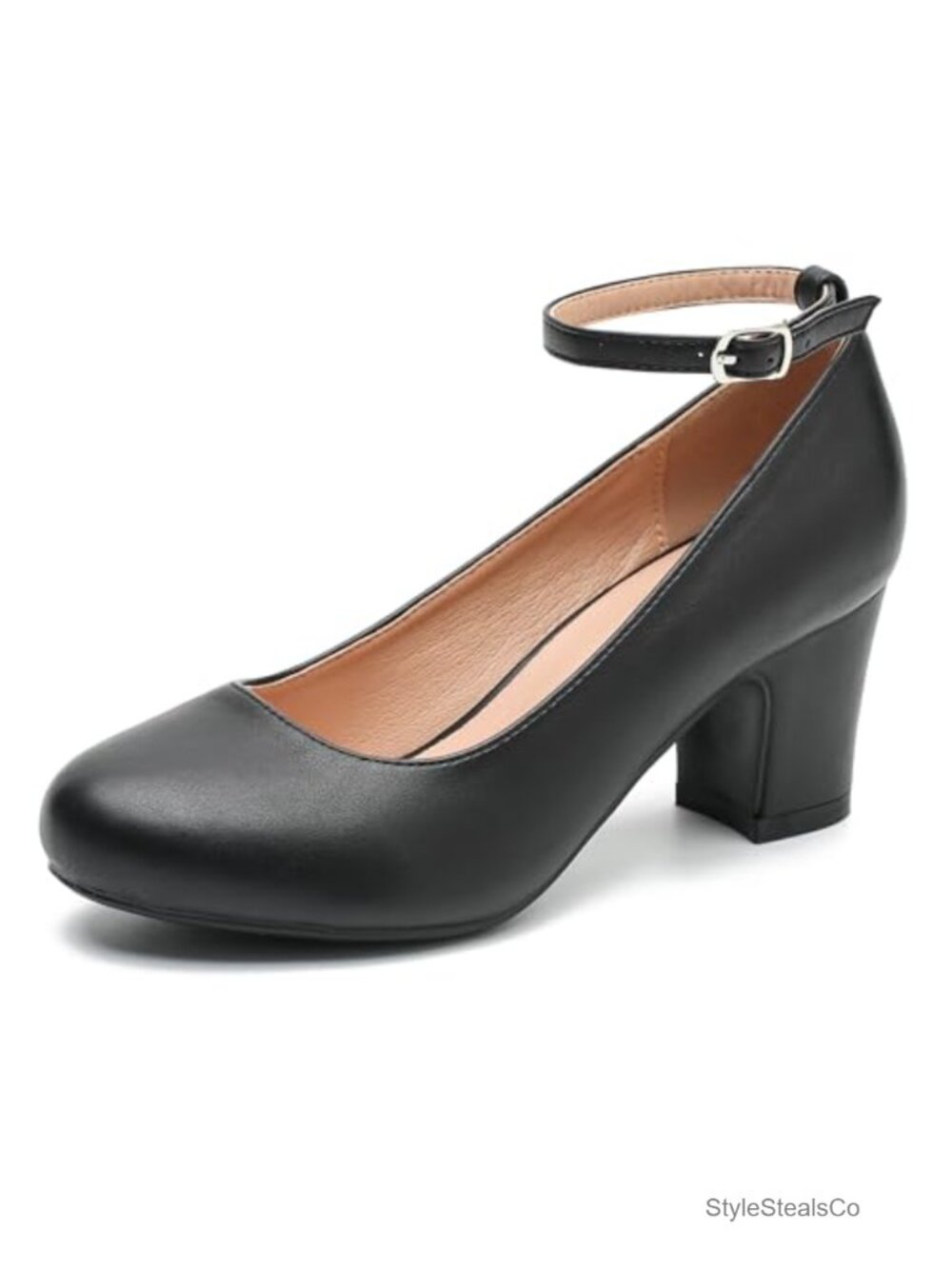Women's Mary Jane Block Heels Ankle Strap Closed Toe Faux Leather Pumps